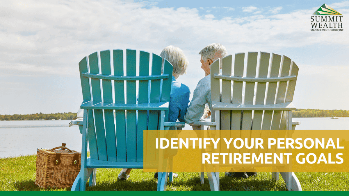 A couple sits in colorful chairs by a lake, reflecting on retirement goals with a picnic basket nearby.