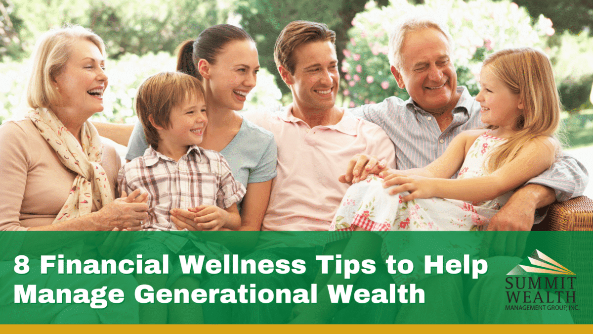 A happy family of five sitting together, enjoying a conversation, with a text overlay about financial wellness tips.