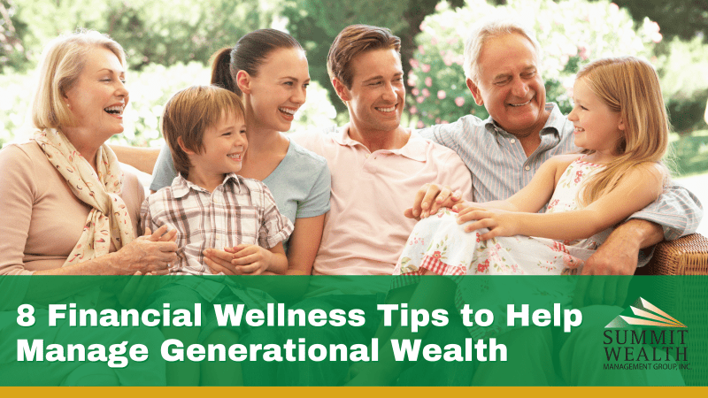 A happy family of five sitting together, enjoying a conversation, with a text overlay about financial wellness tips.