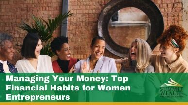 A group of diverse women laughing and interacting, with a title about financial habits for women entrepreneurs displayed prominently.