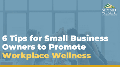 A graphic promoting tips for small business owners to enhance workplace wellness, featuring a collaborative team celebrating achievements.